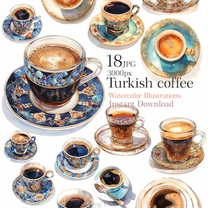 Ilustración de imágenes prediseñadas de café turco de taza de acuarela para imprimir, 18 JPG de alta calidad, descarga digital Diario basura artesanal de papel, sublimación