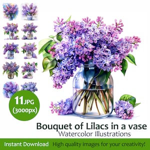 Flower Clipart Lilac in a Vase Botanical Illustration Set 11 Quality Jpeg, for Wedding Invitations, Digital Prints, Collages, Card Making