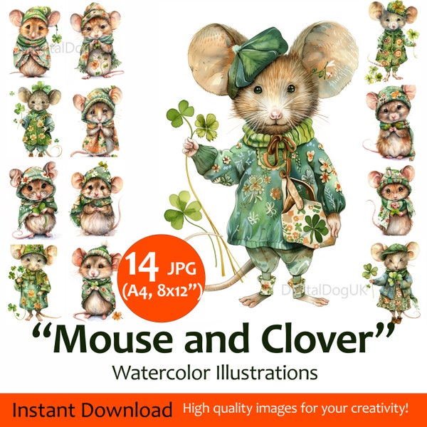 Watercolor Lucky Mouse and Shamrock, St Patricks Day Clipart Bundle Weird and Funny Animals, Mice For making cards, Set of 14 JPG Images