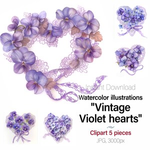 スミレ、ビオラ、パンジー、ハートの画像、水彩画のクリップアート、紫色の花のカード、クラフトジャンクジャーナル 5 高品質 jpg、商用利用可