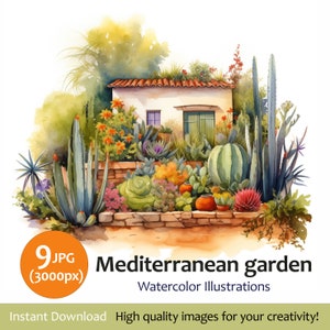 Lot de cliparts maison de jardin méditerranéen avec lits de cactus, 14 fichiers JPG de haute qualité, agenda numérique, création de cartes, téléchargement numérique