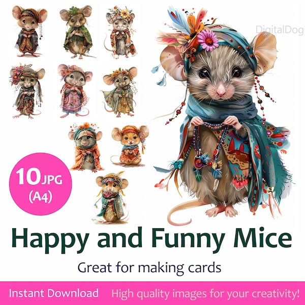 Watercolor Clipart Bundle Mice, Happy and Funny, Gypsy Mouse Clipart, Weird and Funny Animals,  Mouse Card Making,  Set of 10 JPG Images Set