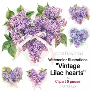 Lila Vintage Aquarell Blumen Herz. Valentinstag Karte Handwerk Clipart Junk Journal 5 Hochwertige Bilder, Kommerzielle Nutzung Enthalten