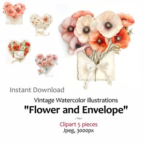 Coroa de flores de verão em aquarela vintage. Artesanato de cartão de dia dos namorados, clipart Junk Journal, 5 imagens de qualidade jpeg, uso comercial incluído