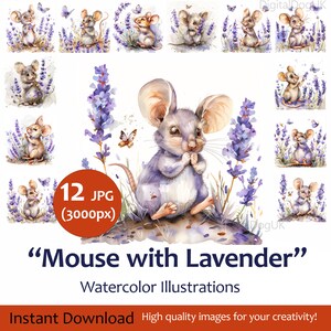 水彩イラスト ラベンダーのかわいいネズミ、ポストカードを作る面白い動物ネズミ、12 枚の JPG 画像からなるクリップアート セット、商用利用可