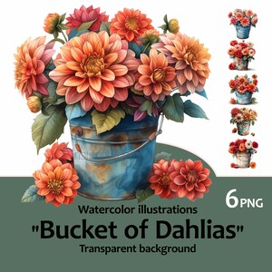 Balde aquarela de dálias PNG clipart de flor vintage, cesta de flores dia das mães, artesanato de cartão, Junk Journal 6 imagens de fundo transparente