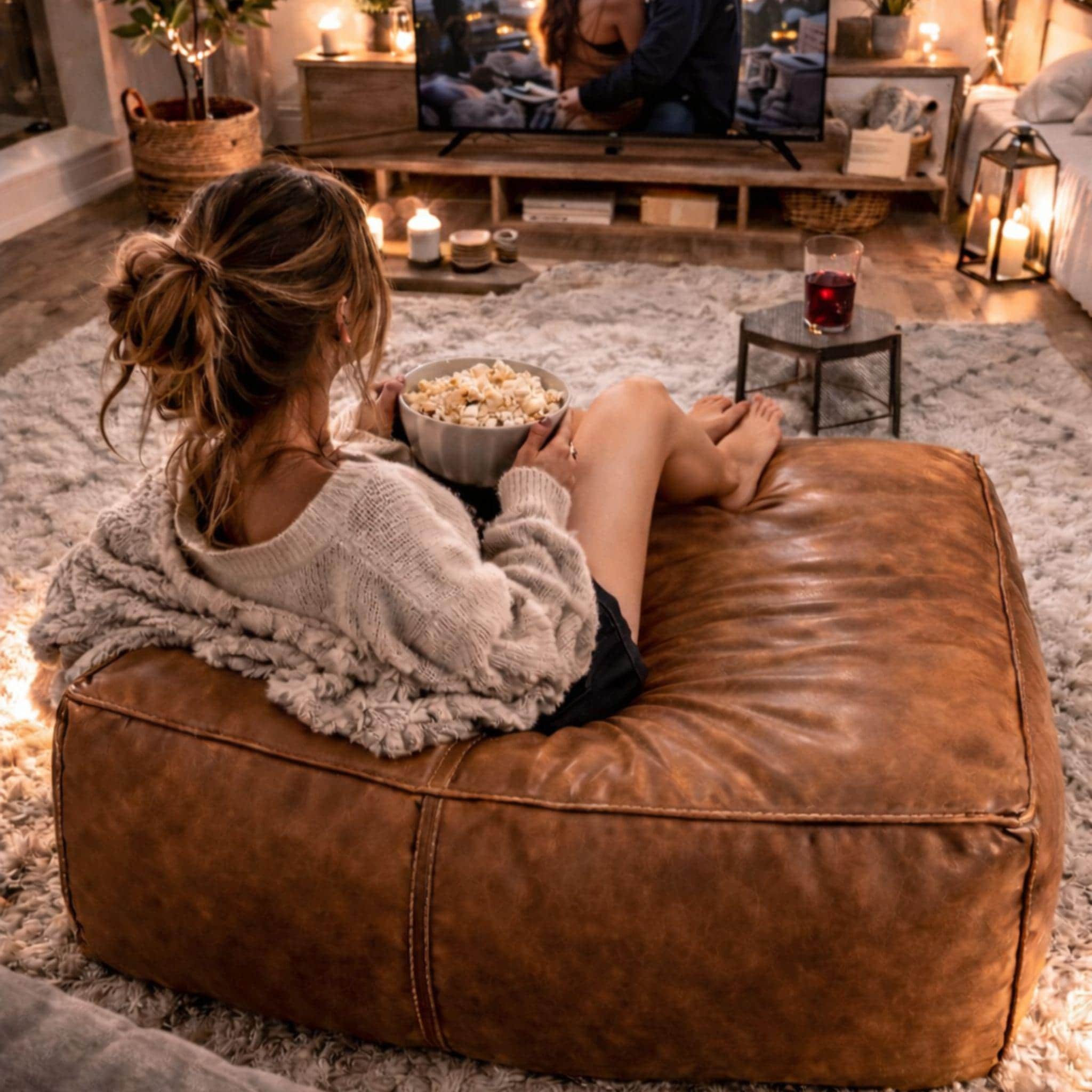 Housse De Pouf Ottoman égyptien - Cuir Véritable Naturel - ESSENCE OF Egypt