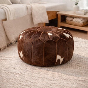 Handmade Moroccan Cowhide Leather Pouf _ Patchwork Ottoman, Footstool, Boho Decor