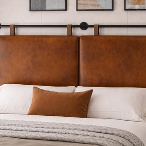 Moroccan Leather Headboard – Wall Mounted, 2 Panel Cognac, Handmade Strap Hanging Bed Headboard image 1