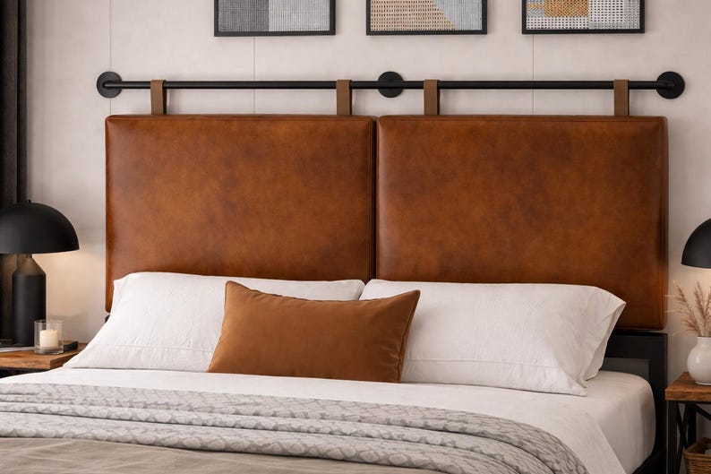 Moroccan Leather Headboard – Wall Mounted, 2 Panel Cognac, Handmade Strap Hanging Bed Headboard image 1