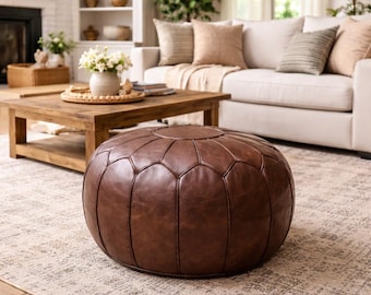 Moroccan Leather Pouf, Handmade Round Leather Ottoman, Brown Leather Footstool, Dark Brown Hassock Coffee Table