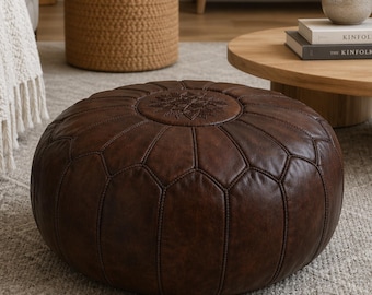Handmade Round Moroccan Dark Brown Leather Pouf Ottoman - Genuine Leather Footstool, Coffee Table & Floor Seating (Unstuffed)