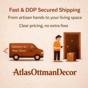 May include: An illustration shows a brown delivery van with the text "Delivery to Your Door." A person stands near a brown door holding a phone, with a package beside the door. The text "AtlasOttmanDecor" is at the bottom.