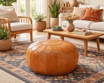 Moroccan Leather Pouf Ottoman, Handmade Tan Footstool, Boho Living Room Decor, Round Floor Cushion, Coffee Table Pouf, Ottoman Footrest