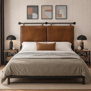 Moroccan Leather Headboard – Wall Mounted, 2 Panel Cognac, Handmade Strap Hanging Bed Headboard image 3