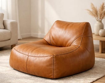 Handgemaakte Marokkaanse leren poef, ergonomische loungestoel, bruin echt leer