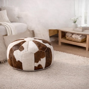 Handmade Moroccan Cowhide Leather Pouf __ Patchwork Ottoman, Footstool, Boho Decor