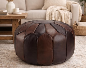 Handmade chocolate brown Moroccan Leather Pouf Ottoman Genuine Leather Round Footstool Floor Seating Unstuffed