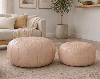 Puf otomano marroquí de cuero, taburete artesanal color marrón natural, cojín de suelo estilo bohemio, otomana redonda para la decoración del salón.