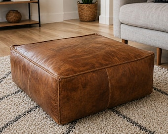 Puf otomano grande de cuero marrón oscuro, puf cuadrado marroquí, cojín de suelo de cuero auténtico, puf para mesa de centro, funda de puf sin relleno