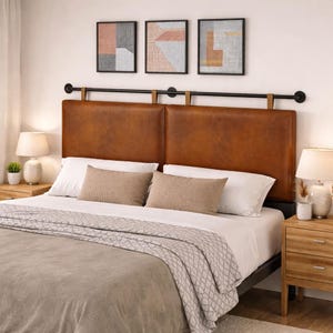 Moroccan Leather Headboard – Wall Mounted, 2 Panel Cognac, Handmade Strap Hanging Bed Headboard image 4