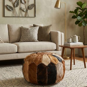 Handmade Round Cowhide Leather Pouf Ottoman - Moroccan Patchwork Floor Pillow - Genuine Hair on Hide Footstool-Rustic Modern Farmhouse Decor