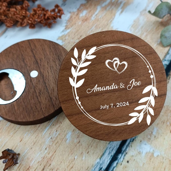 Wood Bottle Opener Wedding Favor - Laser Engraved with Names and Date - Special Gifts For The Bridal Party  -  Custom Bottle Magnetic Opener
