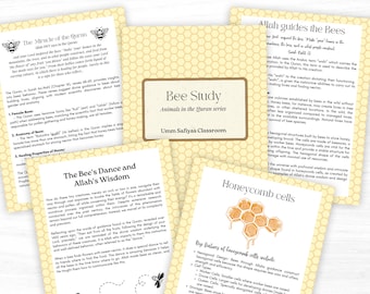 Könnte beinhalten: Ein gelber und weißer illustrierter Poster mit dem Titel "Bee Study: Animals in the Quran series" und dem Untertitel "Umm Safiyas Classroom". Der Poster zeigt eine Bienenillustration und Wabenmuster.