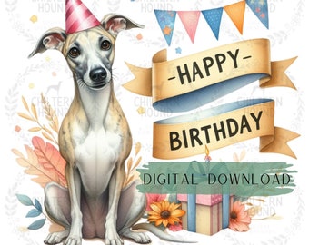 Happy Birthday png Birthday card dog puppy download, Sublimation designs Instant digital download, Card making file, Whippet hound dog lover