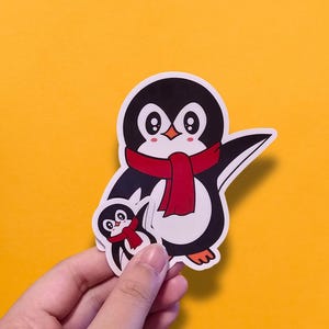 Mr Waddles the penguin sticker, kawaii winter red scarf art sticker, cute black penguin animal stickers, decorative penguin cuteness decal