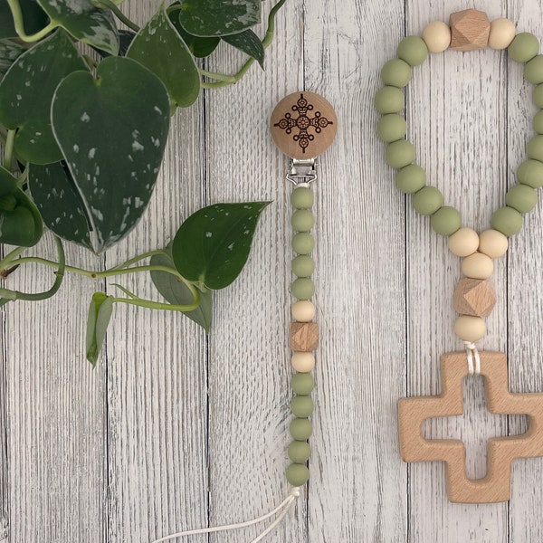 Matching Set of Hexagon Sage! My First Orthodox Prayer Rope & Orthodox Cross Pacifier Clip gift set in beautiful Hexagon Sage.