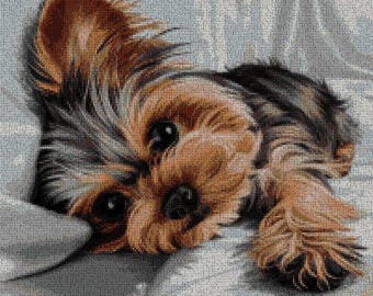 May include: A brown and black Yorkshire Terrier dog with long fur is lying on a white, textured surface. The dog's head is turned to the side, and its eyes are closed. The dog's fur is soft and fluffy.