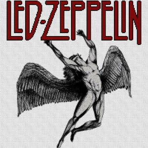 Puede incluir: Imagen con el logo de Led Zeppelin en rojo, con el nombre de la banda en negrita. Debajo, una ilustración en blanco y negro de un ángel cayendo con grandes alas, una imagen de rock clásico.