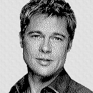 May include: A black and white pixelated portrait of a man with short, light-colored hair and a collared shirt. The image is created using a dot matrix style, giving it a retro or digital art aesthetic.