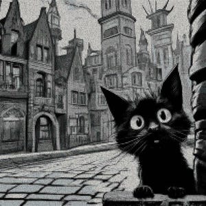 May include: A black cat with large, round eyes peeks out from behind a stone wall in a black and white photo. The cat is looking to the left of the image, with its head tilted slightly. The background is a cityscape with tall buildings and cobblestone streets.