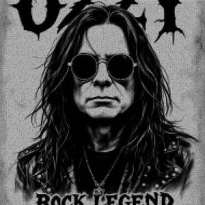 May include: Black and white portrait of a man wearing round sunglasses, with long dark hair. The word "OZZY" is at the top, and "ROCK LEGEND 1948-2025" is at the bottom. The image has a textured, grainy appearance.
