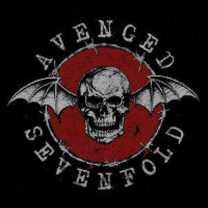 May include: Black graphic featuring a skull with bat wings, centered within a red circle, and surrounded by the words "AVENGED SEVENFOLD" in white. The design has a distressed, vintage aesthetic.