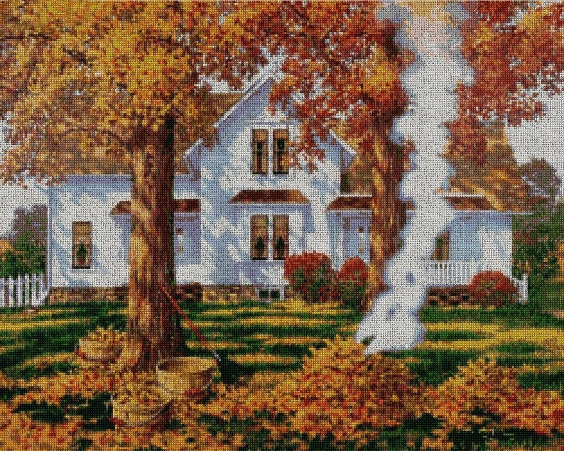 PDF cross stitch pattern. house landscape image 1