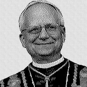 Puede incluir: Retrato pixelado en blanco y negro de un hombre con gafas y un cuello clerical oscuro. La imagen es un primer plano, que muestra la cara y la parte superior del cuerpo del hombre. El estilo recuerda a una impresión de semitonos.