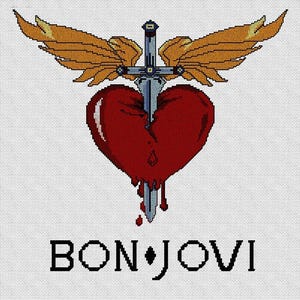 Peut inclure: Un cœur rouge transpercé par une épée argentée avec des ailes de chaque côté. Le texte "BON JOVI" est sous le cœur.
