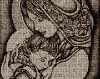 PDF cross stitch pattern. Virgin Mary and Child, sepia.