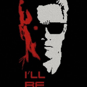 May include: Black graphic featuring a stylized portrait of a man wearing sunglasses, with a red silhouette on the left side. The text "I'LL BE BACK" is displayed in red block letters below the portrait.