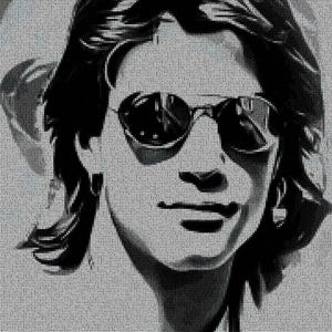Könnte beinhalten: Schwarz-Weiß-Porträt einer Person mit Sonnenbrille. Das Bild ist eine Nahaufnahme, die sich auf das Gesicht und die Sonnenbrille konzentriert. Die Person hat lange Haare und blickt nach vorne. Es ist eine digitale Illustration.