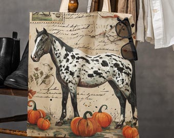 Horse  tote Bag with Pumpkins Fall-Themed Shoulder Bag, Halloween Market Tote, Equestrian Carryall, Autumn Farm Grocery Bag, Horse Lover