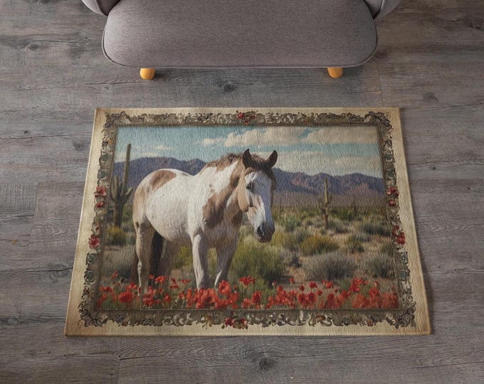 Featured listing image: Paint Horse Area Rug  Brown & White Equestrian Carpet for Living Room Office Décor Unique Gift for Horse Enthusiasts  Equestrian Home Décor