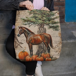 Bolsa tote de cavalo e abóbora em lona natural com estampa de outono