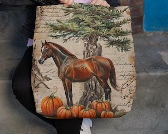 Natural Canvas Large Tote Bag Horse Autumn Pumpkins Print