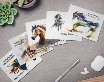 Birthday Cards with Horse Equine Design Artistic Boho Blank Greeting Card Set Equestrian Gift Horse Drawing Animal Illustration Note Cards