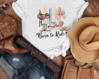 Cowgirl Shirt Born to Ride White Western Shirt Horse Girl Pink Cowboy Hat Collection Equestrian Clothing Barrel Racer Rodeo Shirt