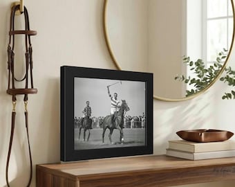Vintage Polo Photograph Black White Horse Sport Print Wall Art Framed Equestrian Victory Pose Classic Style Pinewood Frame Large Size Print